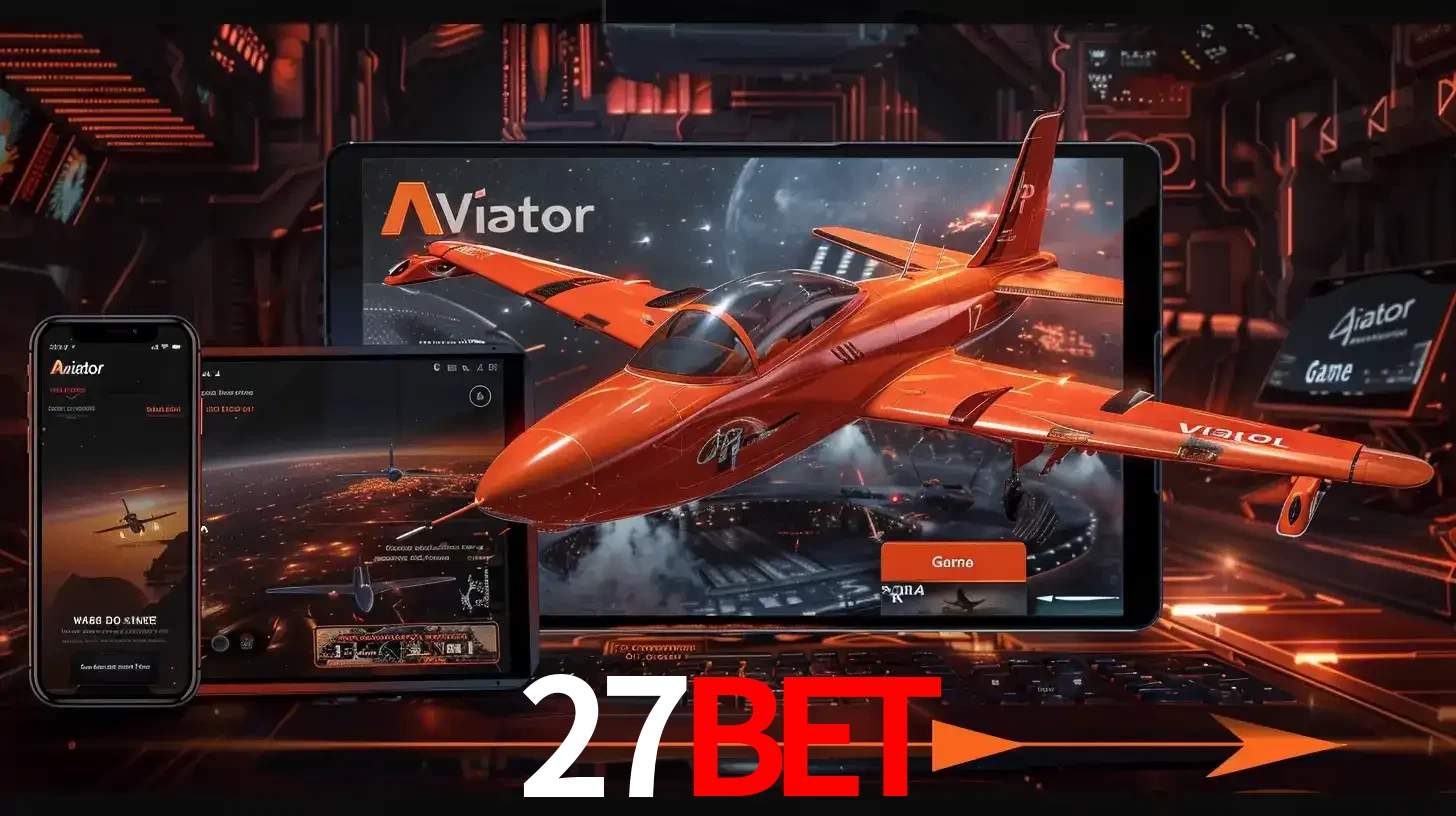 Apresentação tecnológica do jogo Aviator com um avião saindo da tela de um tablet, demonstrando a experiência imersiva em múltiplos dispositivos no 27BET.