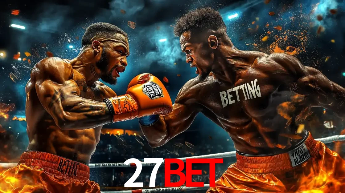 Dois boxeadores em uma luta intensa e explosiva, representando a adrenalina e as oportunidades de apostas em esportes de combate disponíveis na plataforma 27BET.