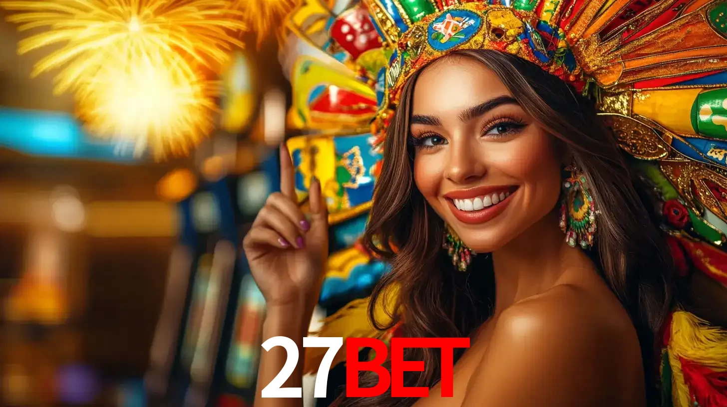Mulher sorridente com um cocar de carnaval vibrante e colorido, celebrando uma grande vitória nos jogos do cassino 27BET com fogos de artifício ao fundo.