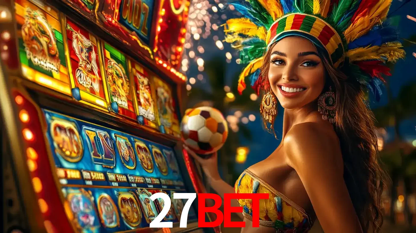 Mulher com um cocar de carnaval ao lado de uma máquina de caça-níqueis enquanto segura uma bola de futebol, mostrando a união da diversão de cassino e esportes no 27BET.