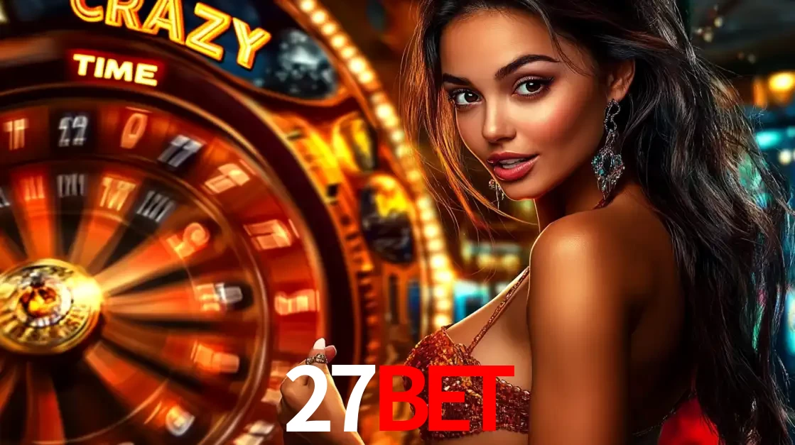 Mulher ao lado da roda de prêmios do jogo de cassino ao vivo Crazy Time, um dos shows de jogos mais emocionantes oferecidos pela plataforma de apostas 27BET.