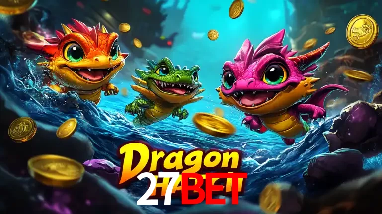 Arte promocional do jogo Dragon Hatch com três adoráveis dragões bebês nadando entre moedas de ouro, um dos slots mais divertidos para jogar no cassino 27BET.