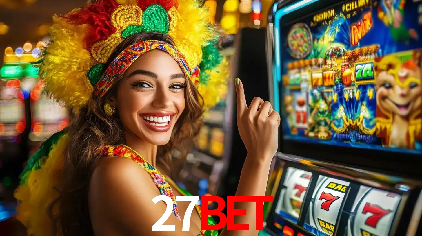 Mulher animada com um cocar de carnaval apontando para uma máquina de caça-níqueis, mostrando a emoção de ganhar um grande prêmio nos jogos do 27BET.