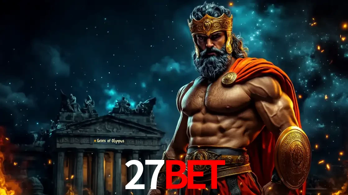 O poderoso Zeus do jogo de slot Gates of Olympus em frente ao seu templo, pronto para lançar multiplicadores divinos e prêmios épicos no cassino online 27BET.
