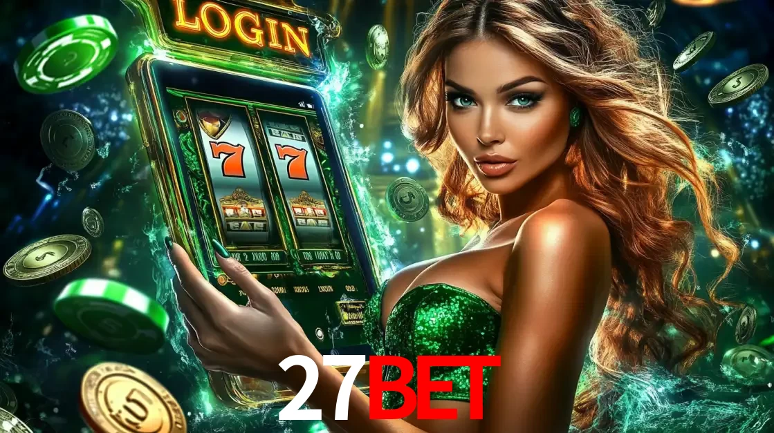 Mulher com tema verde apresentando o aplicativo do cassino 27BET com um jogo de slot de 777, cercada por fichas de cassino e uma aura de sorte.