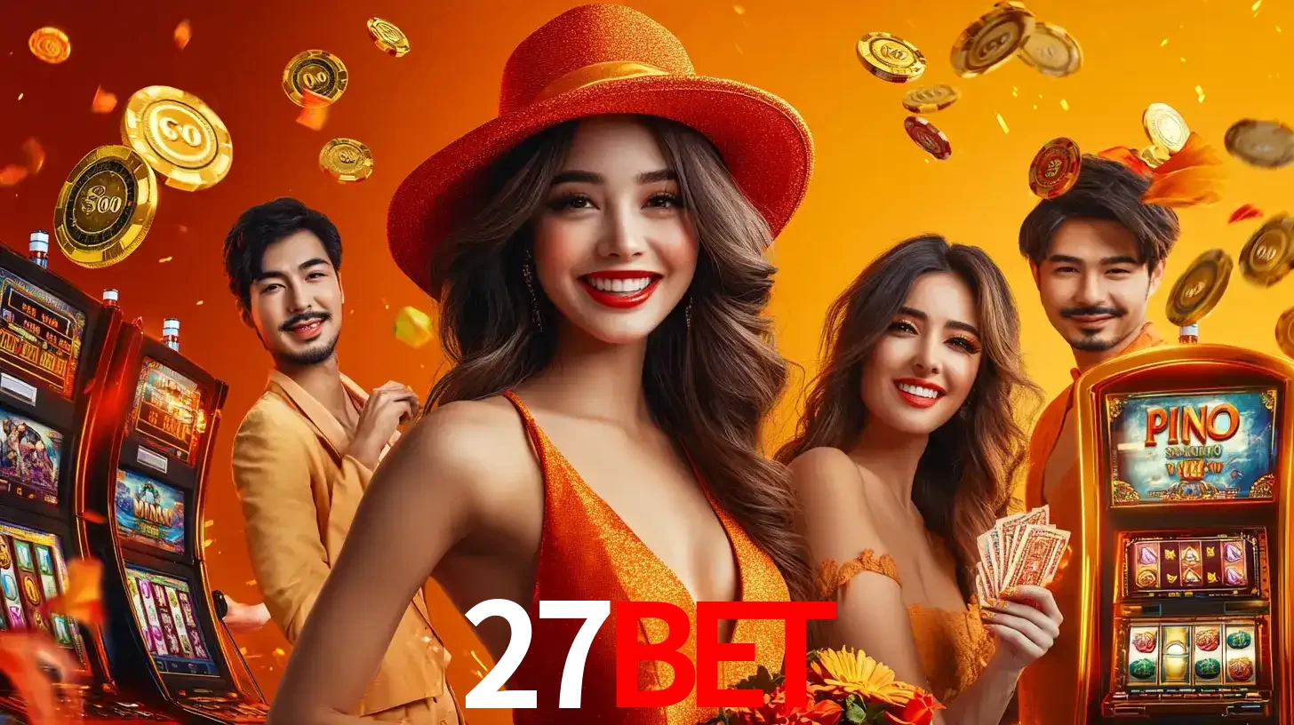 Grupo de amigos asiáticos sorrindo e se divertindo com máquinas de caça-níqueis em um ambiente festivo, celebrando suas vitórias nos jogos de cassino do 27BET.