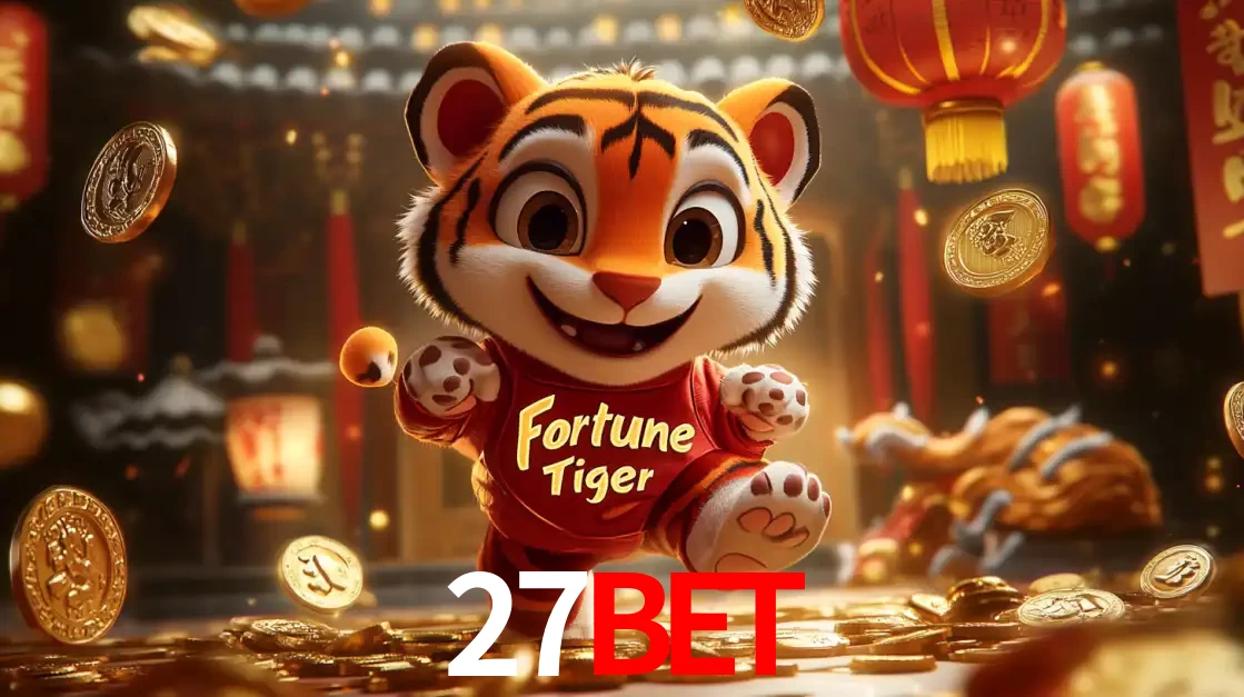 O alegre personagem do Fortune Tiger correndo sobre um caminho de moedas de ouro, simbolizando os grandes prêmios e a diversão do popular jogo de slot do 27BET.