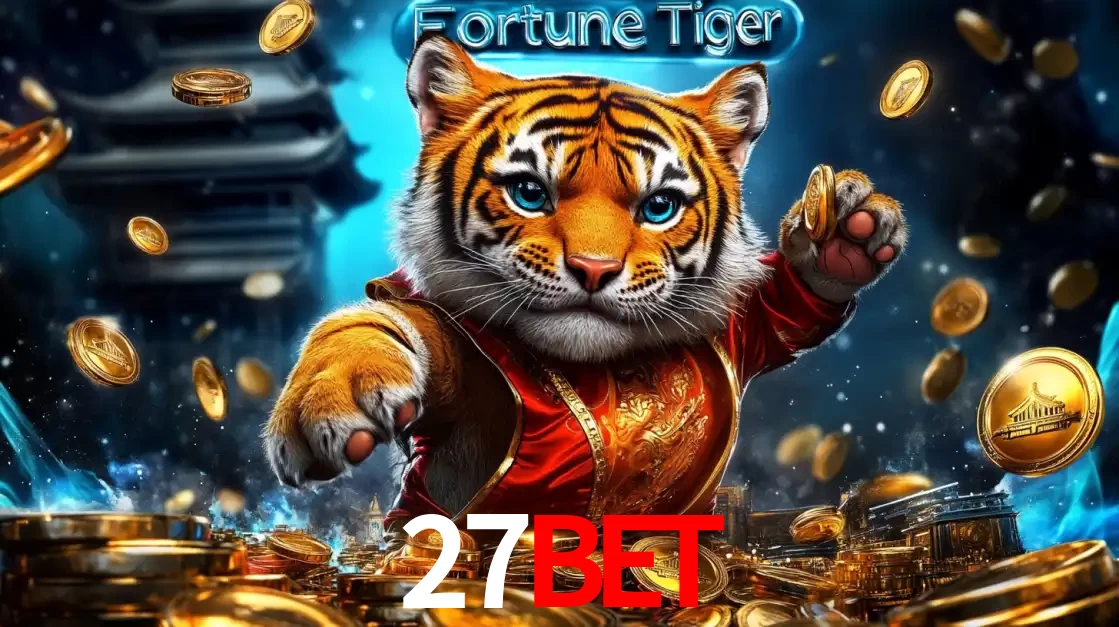 Imagem promocional do jogo de slot Fortune Tiger, com um tigre majestoso em traje tradicional cercado por uma fortuna em moedas de ouro, disponível agora no cassino 27BET.