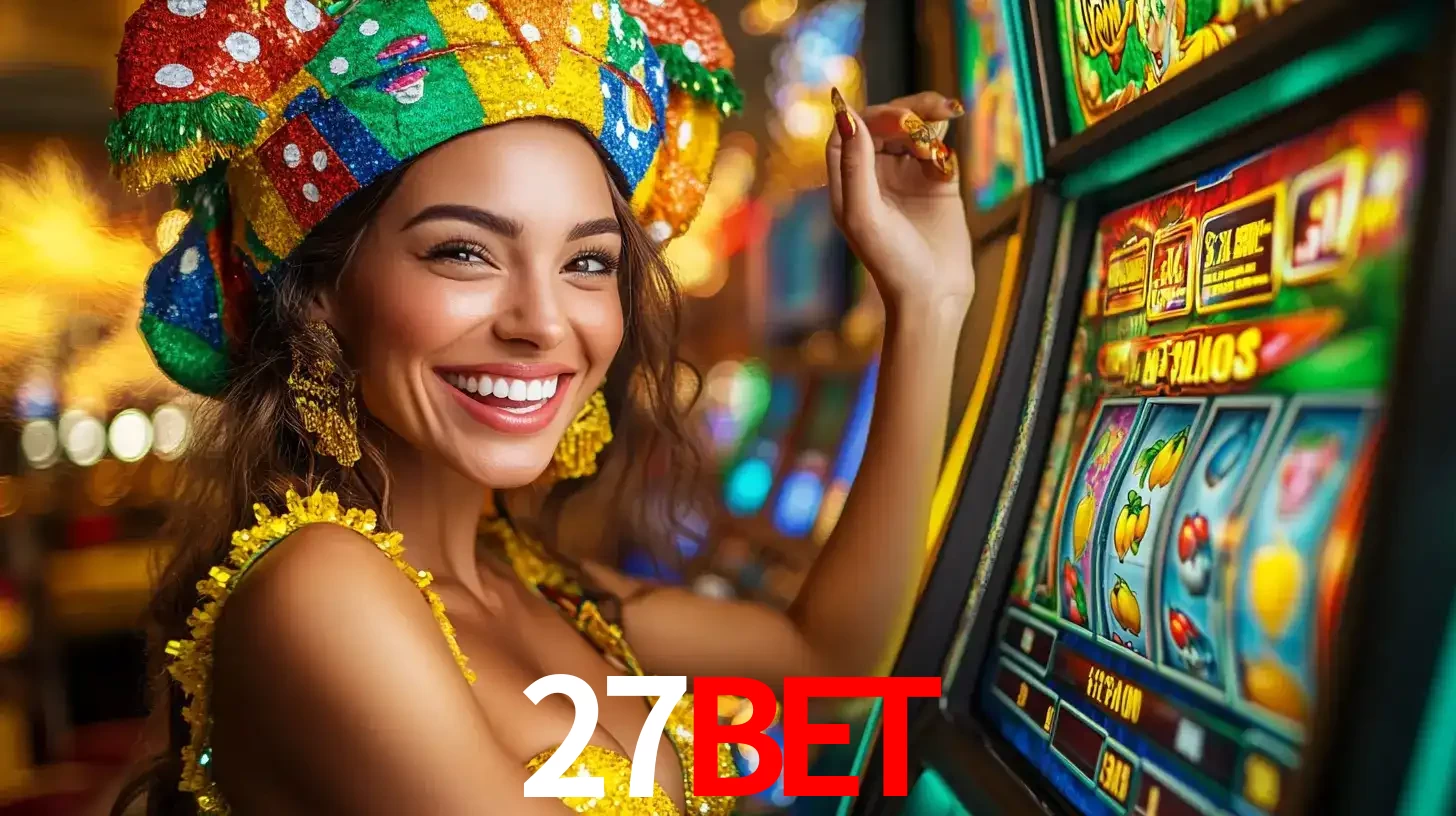 Mulher feliz com traje de carnaval amarelo e colorido ao lado de uma máquina de caça-níqueis, aproveitando a diversão e os jogos temáticos do cassino 27BET.