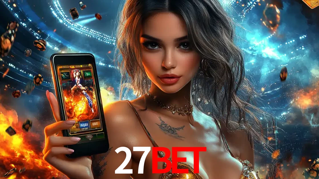 Mulher segurando um celular com um jogo de slot em destaque, tendo como fundo um estádio vibrante, simbolizando a emoção de jogar no cassino móvel 27BET.